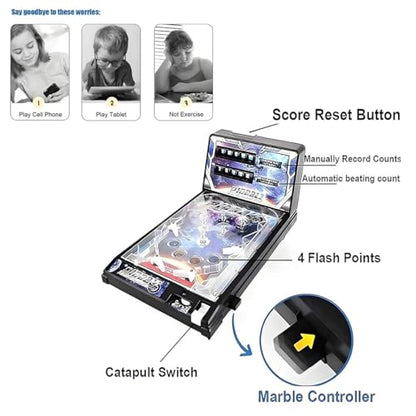 Retro Arcade Electronic Tabletop Pinball Machine - Desktop Ball Shooting Game with Vibrating Bumpers, LED Lights Sound Effects | Portable Mini Pinball | Gift for Ages 4+