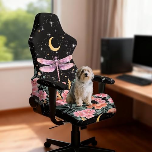 Suobstales Dragonfly Moon Flower Pattern Gaming Chair Cover with 2 Armrest Covers, Non Slip Game Chair Cover with Zipper, Dustproof Washable Gaming Chair Seat Cover, Set of 4 - color: Dragonfly Moon Flower