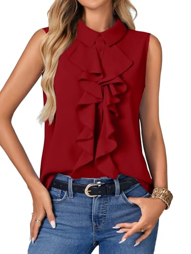 Vrtige Women's Summer Tank Top Button Down Ruffle Front Collar Neck Sleeveless Blouse Shirt Top - color: Wine Red, size: Small