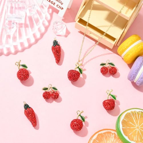 Stiesy Polymer Clay Rhinestone Fruit Charms 8Pcs, 4 Styles Golden Tone Red Crystal Beads Charms, 3D Cherry Apple Chili Pepper Pendants for Jewelry Making, DIY Bracelet Necklace Crafts - color: Red Fruit-4 Styles-8pcs