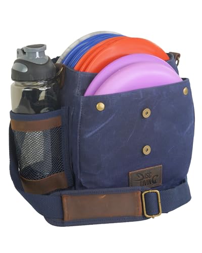 Disc Golf Bag | Frisbee Golf Bag | Easy to Carry | Lightweight Fits Up to 10 Discs | 16 oz Waxed Canvas Sturdy Design | Belt Loop | Double Button Design | Bottle Holder - style: Waxed Canvas / Leather - Blue