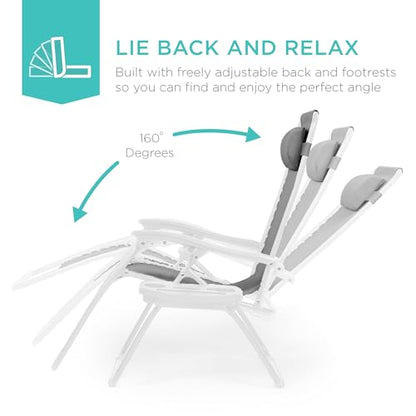 Best Choice Products Set of 2 Adjustable Steel Mesh Zero Gravity Lounge Chair Recliners w/Pillows and Cup Holder Trays - Ice Gray/White - color: Ice Gray/White, size: Standard