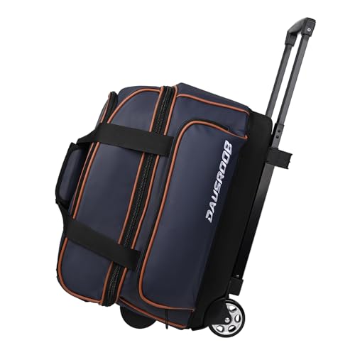 2 Ball Bowling Bag with Wheel,900D Oxford Waterproof PU,Dual Roller Bowling Bag with Sturdy Frame,Large Shoe Compartment Fits Up to Men’s 16,Rolling Bowling Tote, Handle Extends to 39.5" - color: Blue