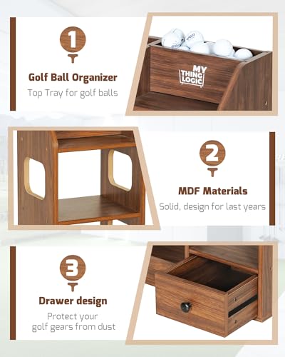 Mythinglogic Wooden Golf Bag Storage Rack, Golf Organizer with Shoe Shelves, Ball Holder & Drawer, MDF Golf Equipment Storage Cabinet for Home, Garage or Simulator Room - size: 1 golf bag rack-Brown