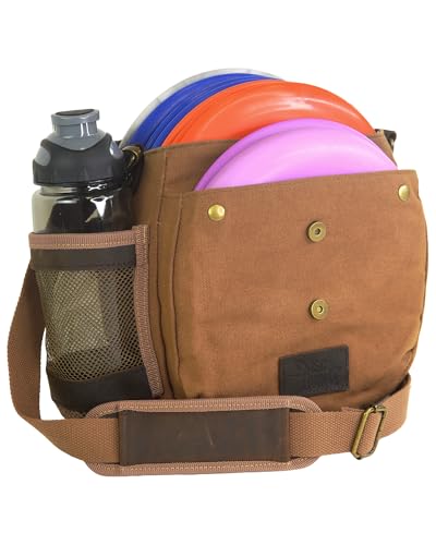 Disc Golf Bag | Frisbee Golf Bag | Easy to Carry | Lightweight Fits Up to 10 Discs | 16 oz Waxed Canvas Sturdy Design | Belt Loop | Double Button Design | Bottle Holder - style: Waxed Canvas / Leather - Brown