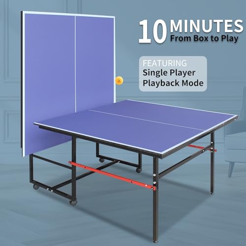 Foldable Mid-Size Table Tennis Set - 96'' x 48'' with Premium Aluminum Frame, Easy Storage & Instant Setup, includes 2 Paddles, Net, 3 Balls - Blue