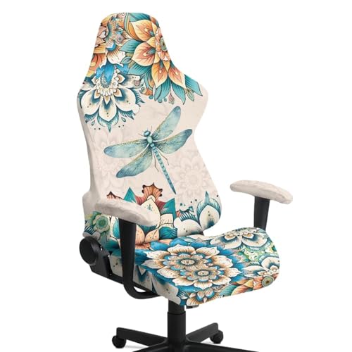 Dragonfly Print Gaming Chair Covers Slipcovers 4Pcs with Armrest Cover Boho Mandala Flower Print Gamer Desk Chair Covers Easy to Install Home Decorations - color: Brown - Dragonfly Boho Mandala Flower