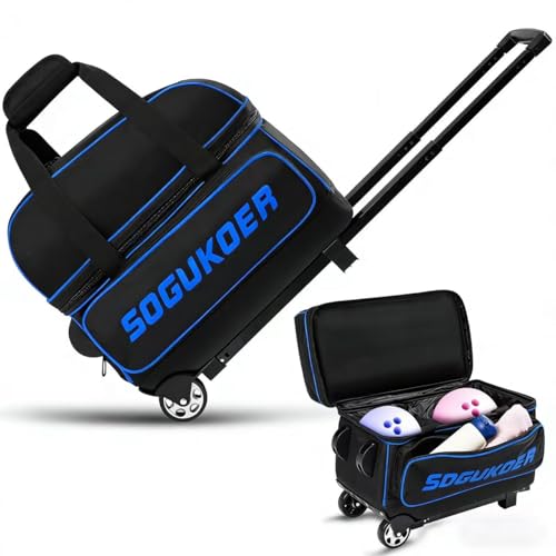 2 Bowling ball Bag with Wheels, Lightweight Trolley Double Ball Bowling bag with Large Separate Shoe Compartment and Oversized Accessory Pocket, Retractable Handle Extends To 39.5" - color: Black & Blue