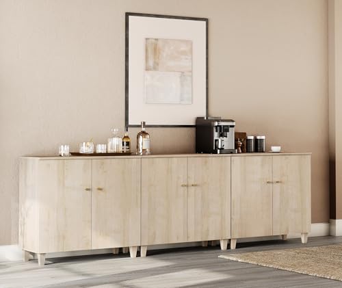 Wampat Sideboards Buffet, 106" Wide Wooden Credenza with 6 Doors, 3-in-1 Modern Kitchen Coffee Bar Cabinet with 9 Compartments for Living Room, Hallway, Light Oak - color: Light Oak, size: 106" W