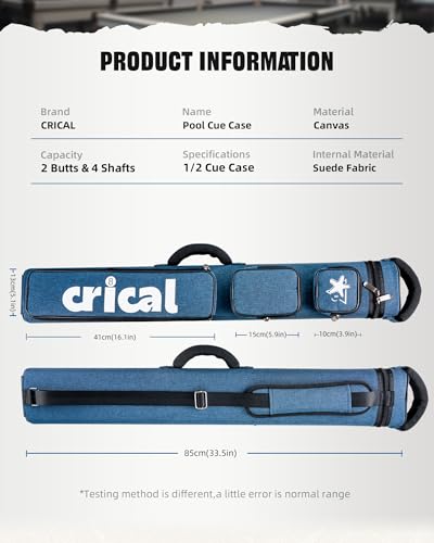 CRICAL Pool Cue Case 2x4 Hard Pool Stick Case Holds 2 Butts and 4 Shafts for Adults Billiard Cue Case with Soft Shoulder Straps - color: Blue