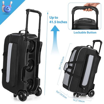 GOBUROS 3 Ball Roller Bowling Bag with Multi Accessory Pockets and Shoes Compartment, Fits 2 Pairs of Size 16 Shoes, 3 Ball Bowling Bags with Large Wheels and Retractable Handle Extends to 41.5"