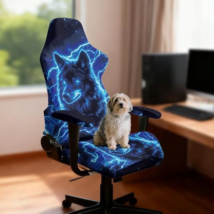 Blue Lightning Wolf Gaming Chair Cover with Armrest Covers Anti Cat Scratch Furniture Protector Universal Stretchable Fit High Back Spandex Rotating Boss Chair Slipcovers, 4Pc/Set - color: Blue Lightning Wolf