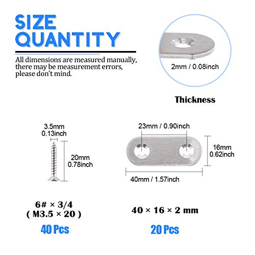 Glarks 20 Sets 40mm/1.6inch Stainless Steel Flat Straight Brace Brackets Mending Joining Plates Repair Fixing Bracket Connector and 40pcs Self Tapping Screws Set (40mm/1.6inch)