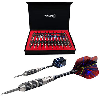 WINSDART Darts Metal Tip Set Professional Metal Darts for Dartboard Steel Tip Darts with Nonslip Iron Barrel Aluminum Dart Shafts,Extra Flights,Dart Sharpener,Gift Box - style: Cool Laser Darts Set