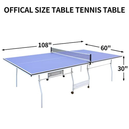 8ft Mid-Size Table Tennis Table Foldable & Portable Ping Pong Table Set for Indoor Games with Net, 2 Table Tennis Paddles and 3 Balls - style: 9ft Mid-Size