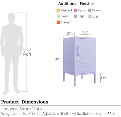 Single Door Lockable Metal End Table & Children's Bedside Table, 2-Tier Storage Cabinet with Adjustable Shelf, Easy Assembly Side Table for Living Room Bedroom Home Office Purple - color: Lilac, style: End Table-28"H-GL
