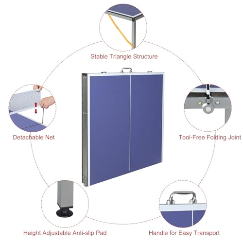 Mid-Size Table Tennis Table Foldable & Portable 6ft Ping Pong Table Set, 2 ping-Pong Bats and 3 Balls, Available Indoors and Outdoors