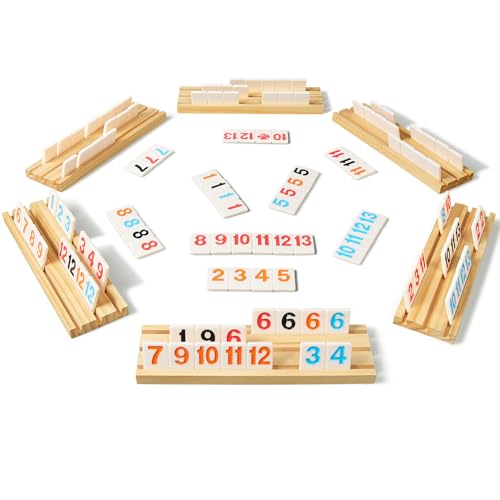 ELONGDI Rummy Cube 6 Player Large Numbers Edition, 160 Rummy Tiles with 6 Wooden Racks, Portable Case & Storage Bag - Classic Board Game for Family Adults & Kids