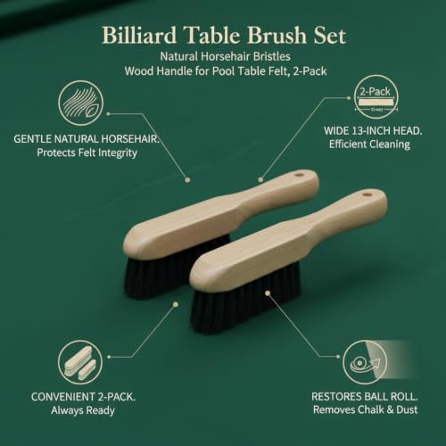 Billiard Table Brush Set, Natural Horsehair Bristles with Wood Handle for Pool Table Felt, 2-Pack - size: 9.06 x 2.76 x 1.38 in
