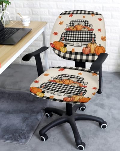 Savannan Office Chair Cover, Vintage Autumn Pumpkins Protective Stretch Elastic Universal Cover for Desk Task Chair,Computer Rotating Chair 1 Pcs Truck Maple Leaves on Linen