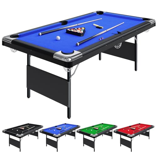 6ft Pool Table, 7 ft Pool Table, Portable Billiard Table Set with Steel Frame for Adults - Includes Balls, 2 Cues, Chalks, Brush, Folding Pooltable for Home Game Room, Basement, Office - size: 6FT