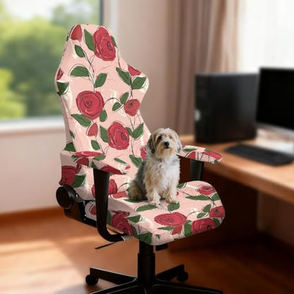 Suobstales Line Rose Flower Pattern Gaming Chair Cover with Armrest Covers Jacquard Computer Game Chair Slipcover with Attached Arms Cat Scratch Proof Washable Removable - color: Line Rose Flower