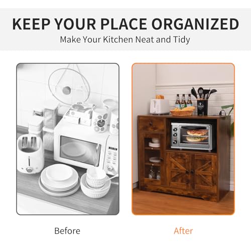 Storage Cabinet with Power Outlet, 35"" Modern Sideboard Buffet Cabinet w/Adjustable Shelf, Wooden Kitchen Cabinet with Open Shelves for Living Room, Dining Room, Kitchen, Brown, 1 PCS - color: Brown, style: Microwave Cabinet
