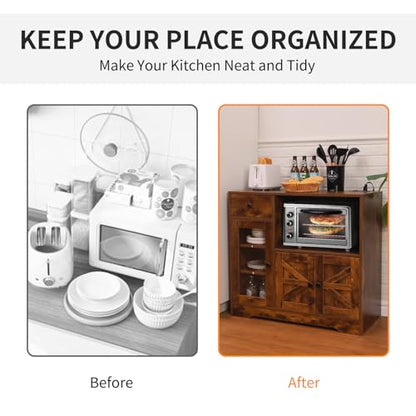Storage Cabinet with Power Outlet, 35"" Modern Sideboard Buffet Cabinet w/Adjustable Shelf, Wooden Kitchen Cabinet with Open Shelves for Living Room, Dining Room, Kitchen, Brown, 1 PCS - color: Brown, style: Microwave Cabinet