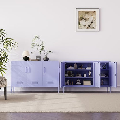 32" Wide 3-Door Lockable Metal Storage Cabinet with Accent Cabinet Locker, Heavy Duty Home Tool Cabinet, 2 Removable Shelves & Easy Assembly, for Home, Office, Entryway and Hallway Purple - color: Lilac, style: Cabinet-32"H-WL