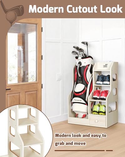 Mythinglogic Wooden Golf Bag Storage Rack, Golf Organizer with Shoe Shelves, Ball Holder & Drawer, MDF Golf Equipment Storage Cabinet for Home, Garage or Simulator Room - size: 1 golf bag rack-White