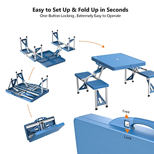 VINGLI 4 Ft Camping Picnic Table Set with 4 Seats with Umbrella Hole Folding Lightweight Suitcase Card Table-220 Lbs Support Aluminum Frame, Plastic RV Tabletop for Barbecue,Travel,Outing,Gathering - color: Blue
