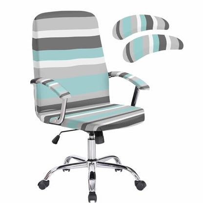 Geometric Stripes Office Chair Cover with Armrest Covers, Grey Turquoise Universal Stretch Desk Rotating Chair Slipcovers, Removable Seat Protector with Zipper, M - color: Blue, size: Medium & 2PCS Armrest Covers