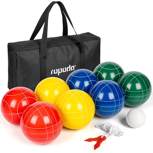 ropoda 100mm Bocce Ball Set Regulation Size and Weight with 8 Resin Bocce Balls, 50 mm Pallino, Carrying Bag, Measuring Rope, Backyard/Lawn/Beach/Outdoor, Bocci Games (Multi Colors, 2-8 Players) - size: 100mm