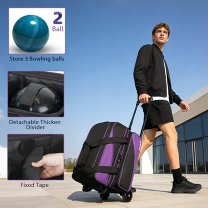 Goloni 3 Ball Bowling Bag with Wheels, 2+1 Double Roller Bowling Bag with Shoe Compartment,Tote Bag for Bowling Accessories - color: 2 Ball-Purple