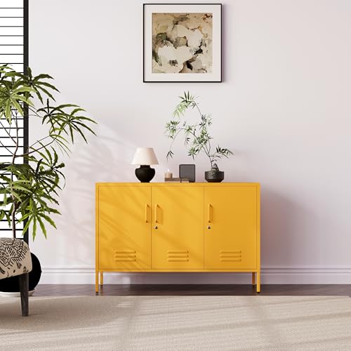 32" Wide 3-Door Lockable Metal Storage Cabinet with Accent Cabinet Locker, Heavy Duty Home Tool Cabinet, 2 Removable Shelves & Easy Assembly, for Home, Office, Entryway and Hallway Yellow - color: Mustard, style: Cabinet-32"H-WL
