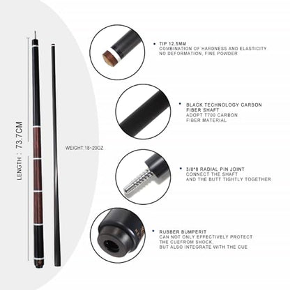 Carbon Fiber Pool Cue 58" with Pigskin Tip & Bakelite Ferrule, 2-Piece Low Deflection Billiard Cue Stick 19-20oz, Handmade for Pool/Black Eight & Nine Balls