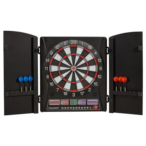 Accudart Apollo Electronic Dartboard Cabinet – 38 Games, 137 Variations, Virtual Opponent, Backlit Scoring, Cricket X/O Displays, Black Woodgrain Doors – Includes Soft‑Tip Darts