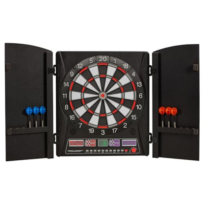 Accudart Apollo Electronic Dartboard Cabinet – 38 Games, 137 Variations, Virtual Opponent, Backlit Scoring, Cricket X/O Displays, Black Woodgrain Doors – Includes Soft‑Tip Darts