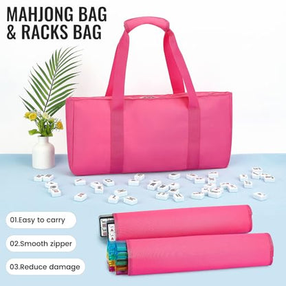 American Mahjong Tile Set,166 White Tiles Mahjong Set,4 Colors Mahjong Racks,Travel Mahjong Set with Pink Carrying Bag - style: Pink Bag