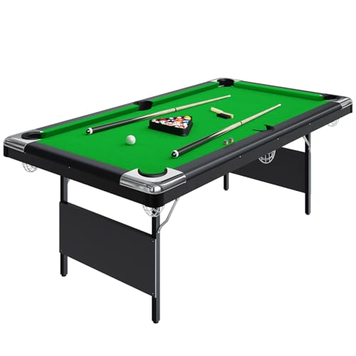 6-7 Ft Folding Pool Table, Portable Pool Table, Billiard Table Set Includes Balls, Cues, Chalks and Brush, for Family Game Room, Adult Rrec Room, Basements - color: Green, size: 7FT