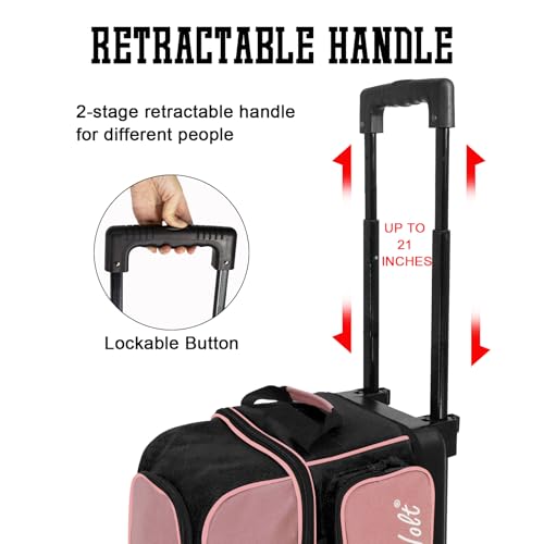 WOLT Double Roller 2 Ball Bowling Bag with Separate Shoe Compartment, Large Capacity Bowling Ball Bag with Accessory Pocket, Retractable Handle Extends to 40" - color: Light Pink
