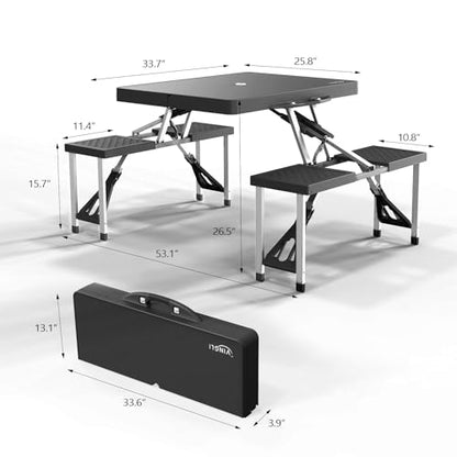 VINGLI 4Ft Portable Folding Picnic Table Camping Table Foldable Set with 4 Seats with Umbrella Hole Suitcase Card Table-220 Lbs Support Aluminum Frame, Plastic RV Tabletop for Yard, Travel - color: Black