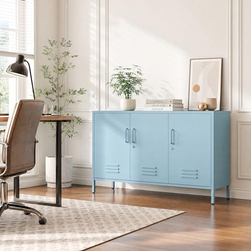 32" Blue 3 Door Lockable Metal Cabinet, Freestanding Heavy Duty Storage Locker with Adjustable Shelves for Home Office Kitchen Living Room - color: Blue, style: 32"H-Cabinet-TH