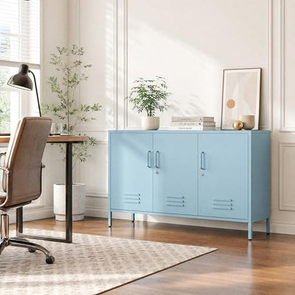 32" Blue 3 Door Lockable Metal Cabinet, Freestanding Heavy Duty Storage Locker with Adjustable Shelves for Home Office Kitchen Living Room - color: Blue, style: 32"H-Cabinet-TH