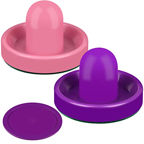 ONE250 Air Hockey Pushers and Red Air Hockey Pucks, Goal Handles Paddles Replacement Accessories for Game Tables (4 Striker, 4 Puck Pack) - color: Pink & Purple