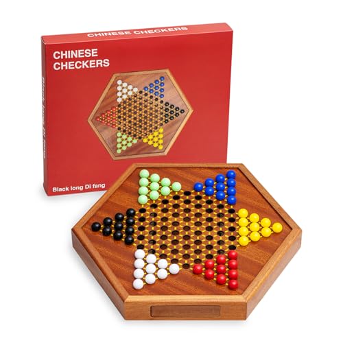 Wooden Chinese Checkers Game Set with Storage Drawer, 12.6 inches - Includes 60 Colorful Acrylic Chess Pieces (6 Colors) - Classic Strategy Board Game