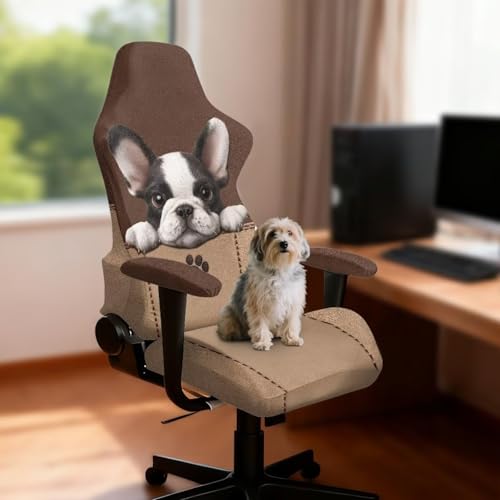 Suobstales Boston Terrier Paw Print Gaming Chair Covers, Stretchable Elastic Computer Desk Chair Cover with Armrest Covers, 4Pc/Set Soft Non Fading Office Chair Covers Slipcovers - color: Boston Terrier Paw