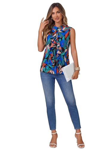Vrtige Women's Summer Tank Top Button Down Ruffle Front Collar Neck Sleeveless Blouse Shirt Top - color: Abstract Patterns, size: Small