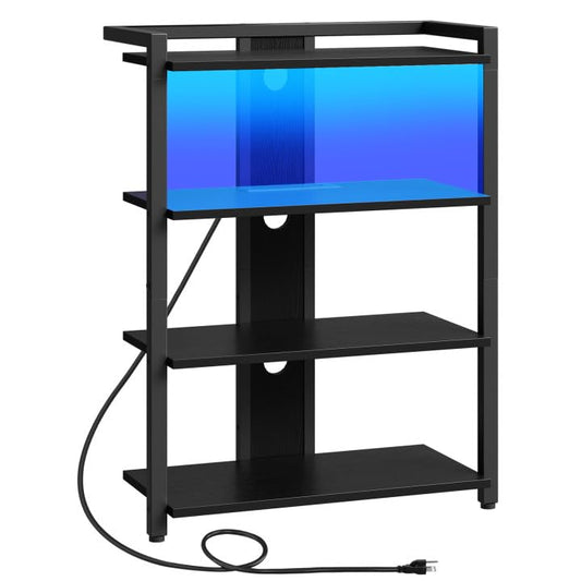 HOOBRO 4-Tier AV Media Stand, Media Console with Charging Station and LED Light, Wooden Stereo Cabinet, Corner TV Stand, Record Player, Entertainment Device Stand, Black BB42UDCJ01 - color: Black, size: 23.6"L x 10.6"W x 31.8"H
