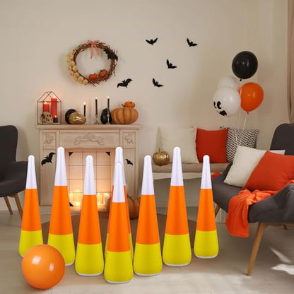 11 Pcs Candy Corn Inflatable Bowling Set Including 13.4 Inches Ball and 10 Pcs 21.6 Inches Bowling Pins for Adults Halloween Fall Carnival Festival Party Game Supplies